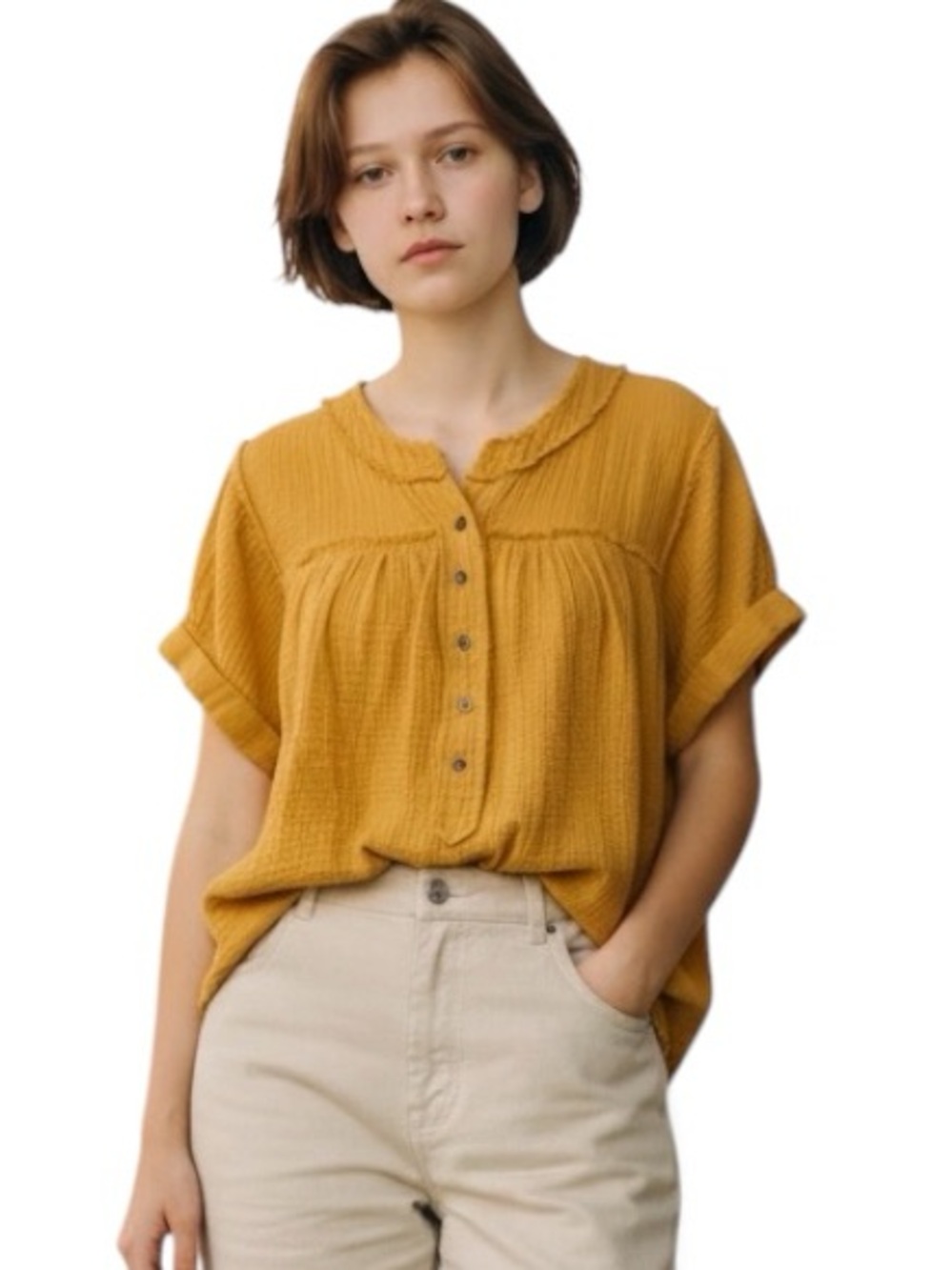 Doe and Rae Yellow Gauze Boxy Cotton Top Medium